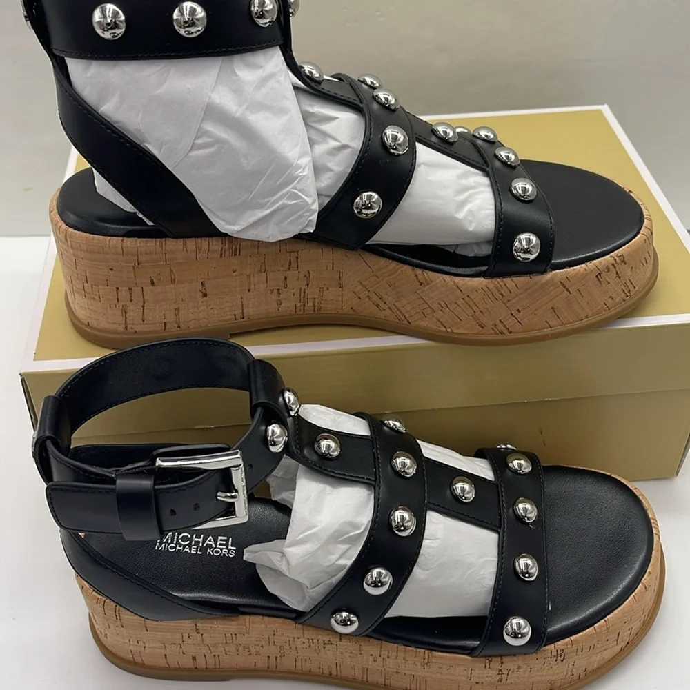 MICHAEL KORS Selah Studded Platform Gladiator Silver Studded Sandal Black  New